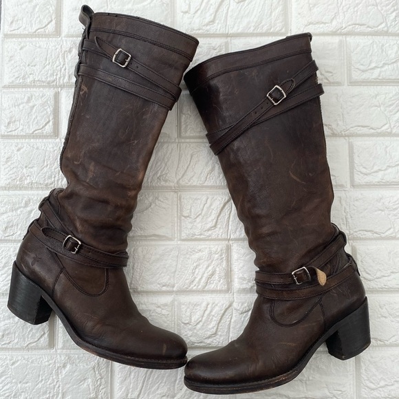 Frye Jane Strappy Tall Boots Leather Brown Sz 7.5 - Picture 2 of 10